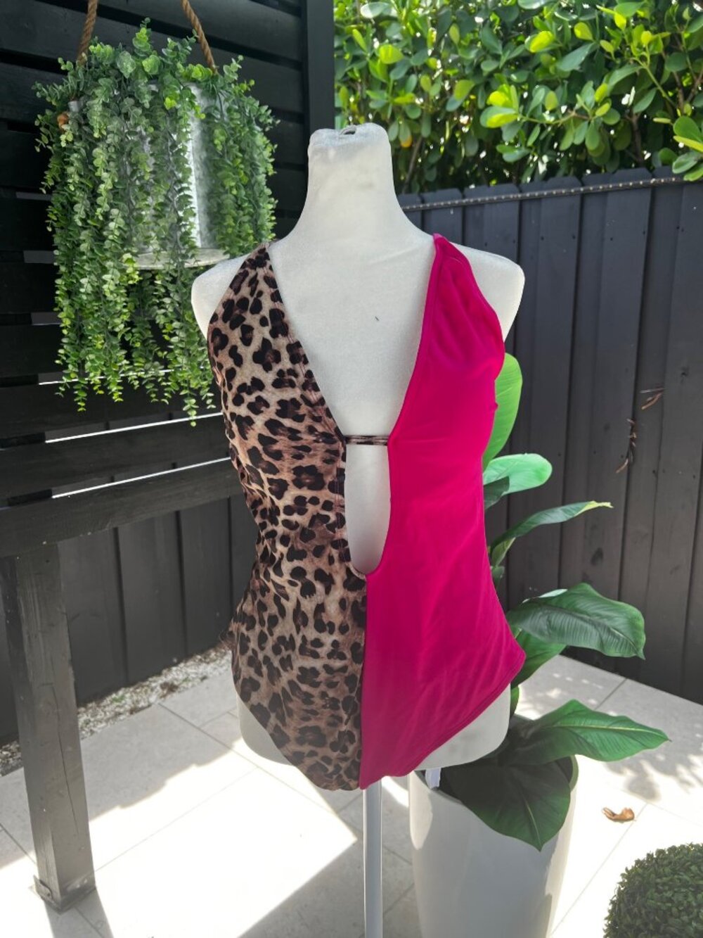 NWT Women's Pink Leopard One Piece Swimsuit Low Cut Front Animal Print Swimwear